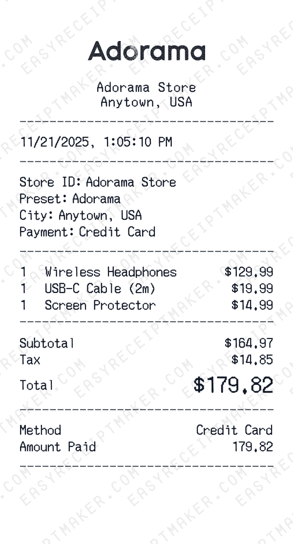 Adorama receipt preview