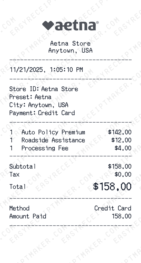 Aetna receipt preview