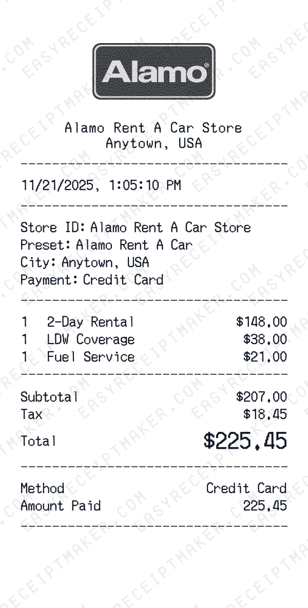 Alamo Rent A Car receipt preview
