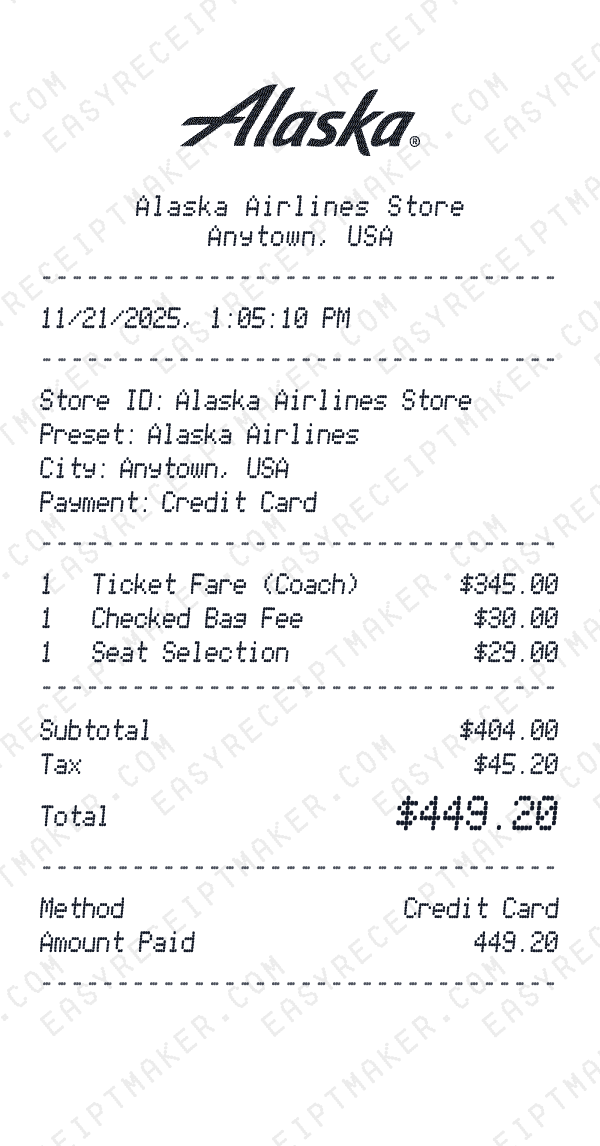 Alaska Airlines receipt preview