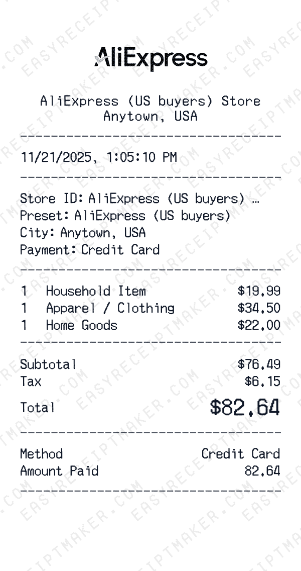 AliExpress (US buyers) receipt preview