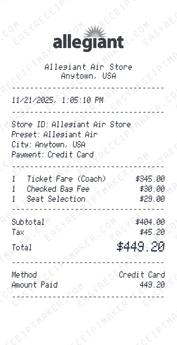 Allegiant Air receipt preview