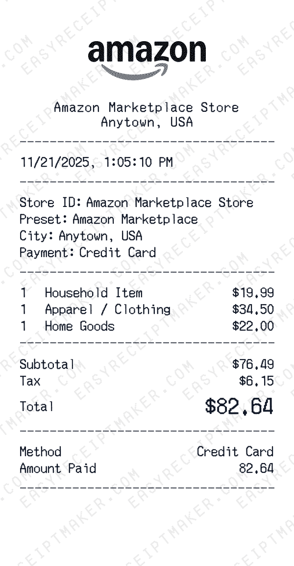Amazon Marketplace receipt preview