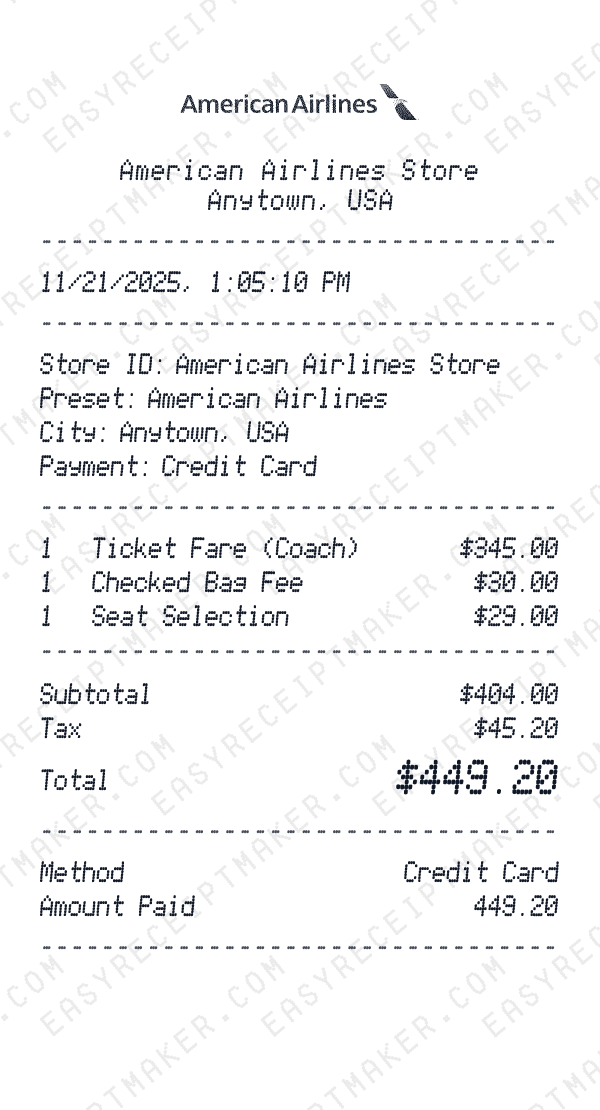 American Airlines receipt preview
