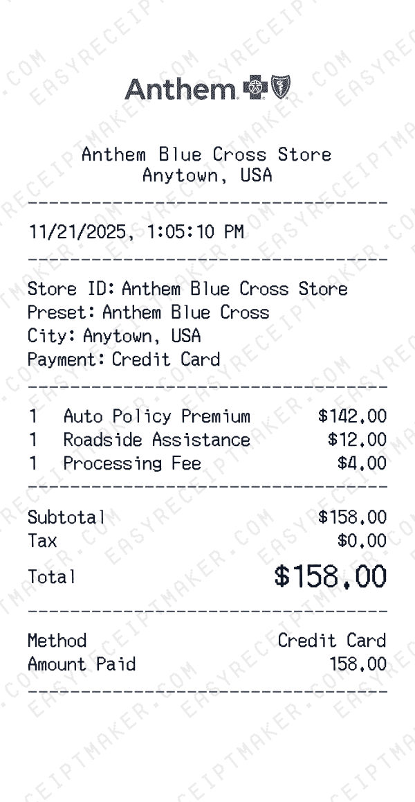 Anthem Blue Cross receipt preview