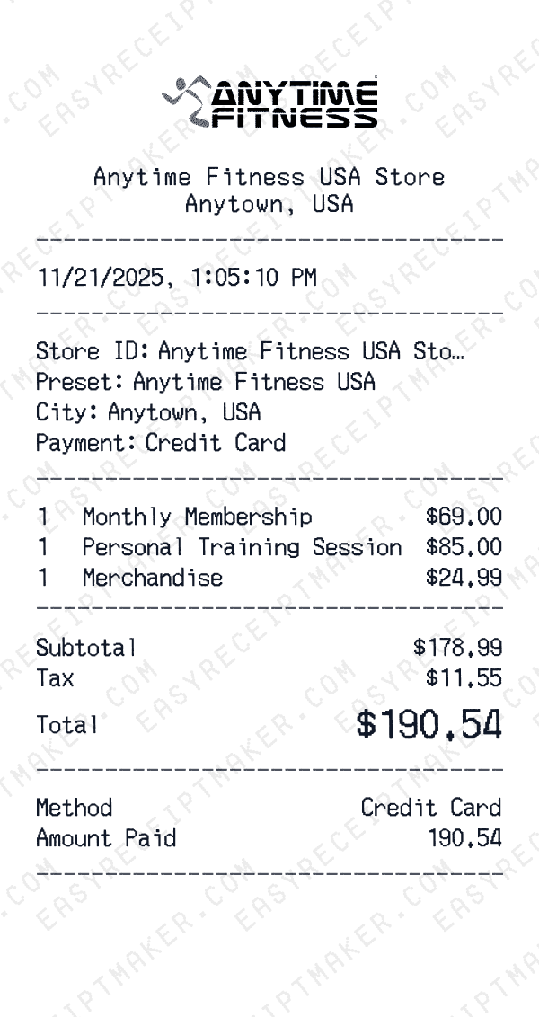 Anytime Fitness USA receipt preview