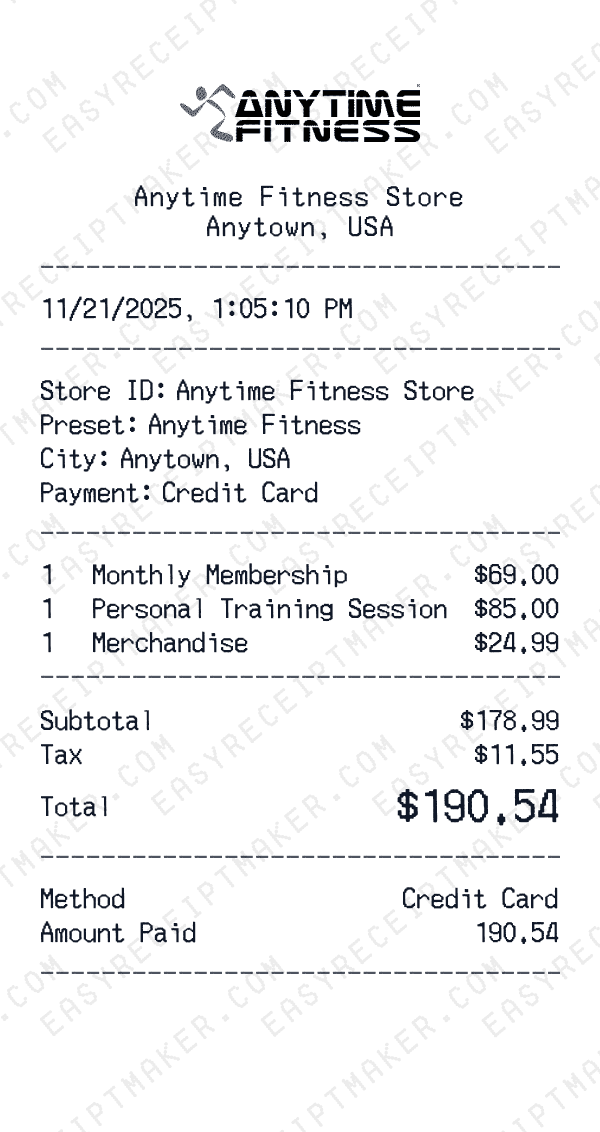 Anytime Fitness receipt preview