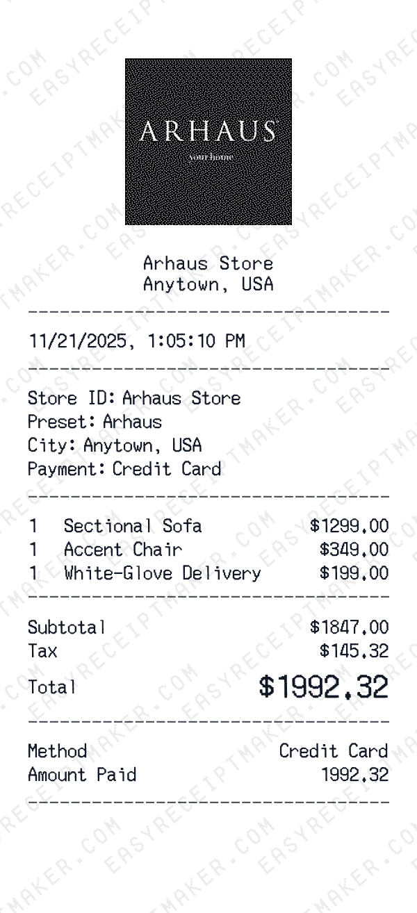 Arhaus receipt preview