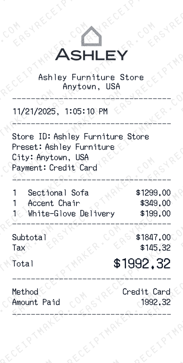 Ashley Furniture receipt preview