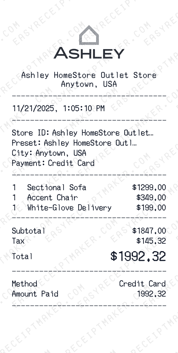Ashley HomeStore Outlet receipt preview