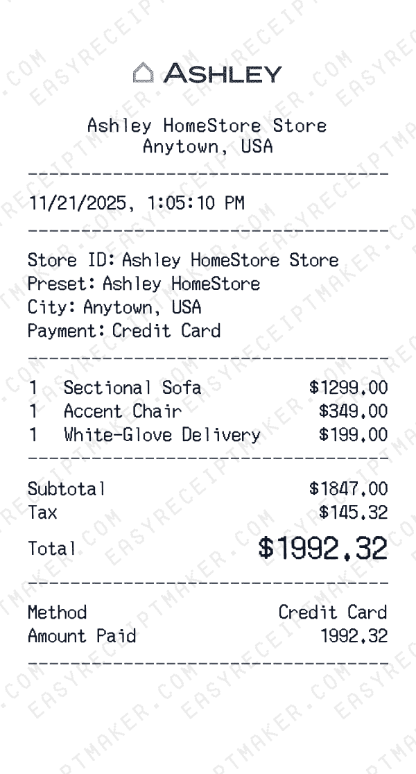 Ashley HomeStore receipt preview