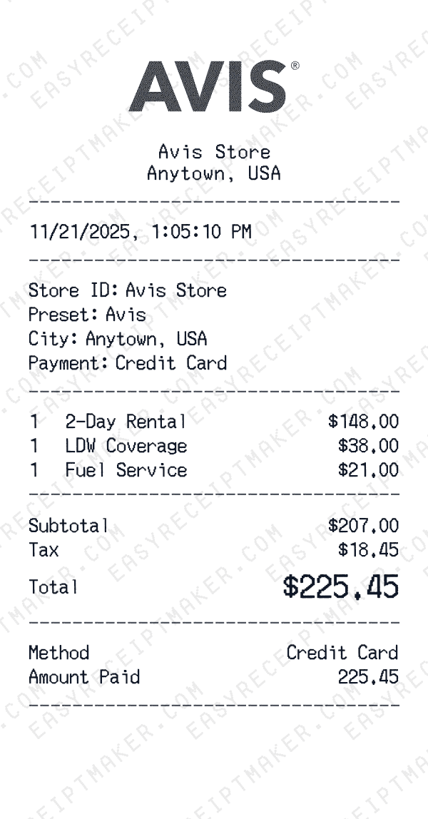 Avis receipt preview