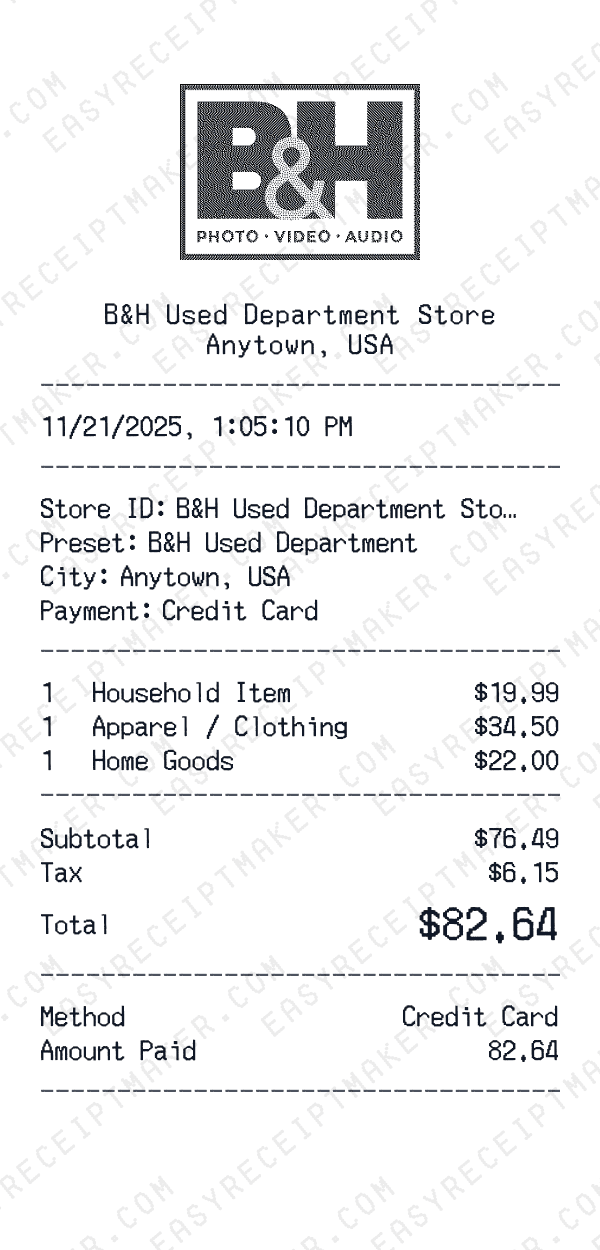 B&H Used Department receipt preview