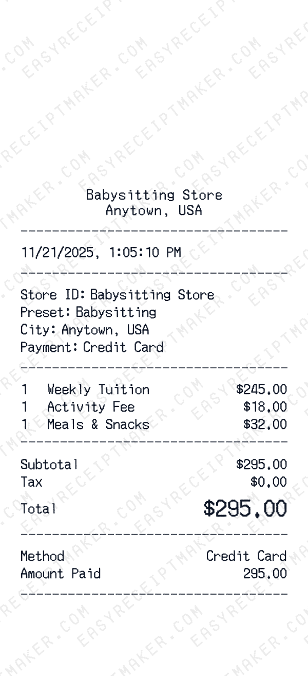 Babysitting receipt preview