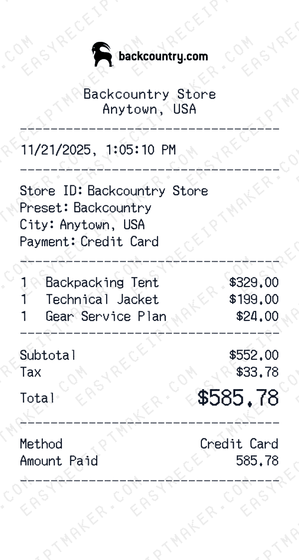 Backcountry receipt preview