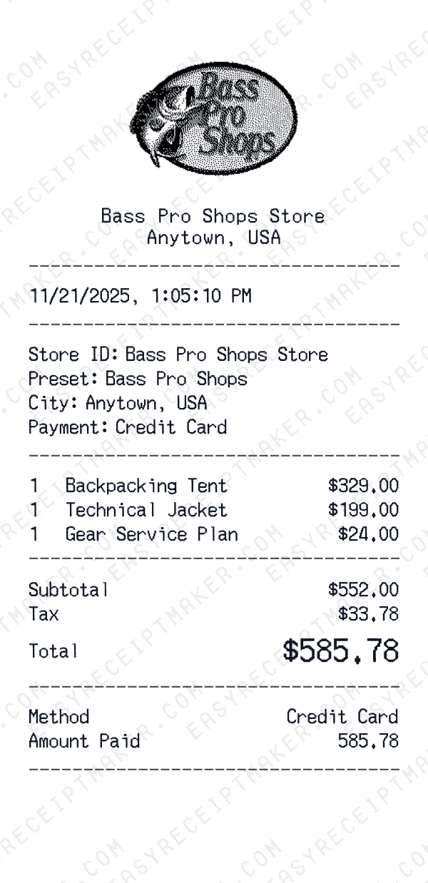 Bass Pro Shops receipt preview