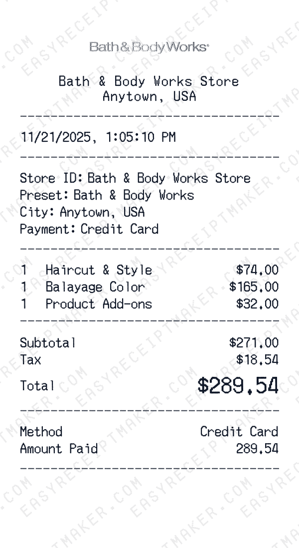 Bath & Body Works receipt preview