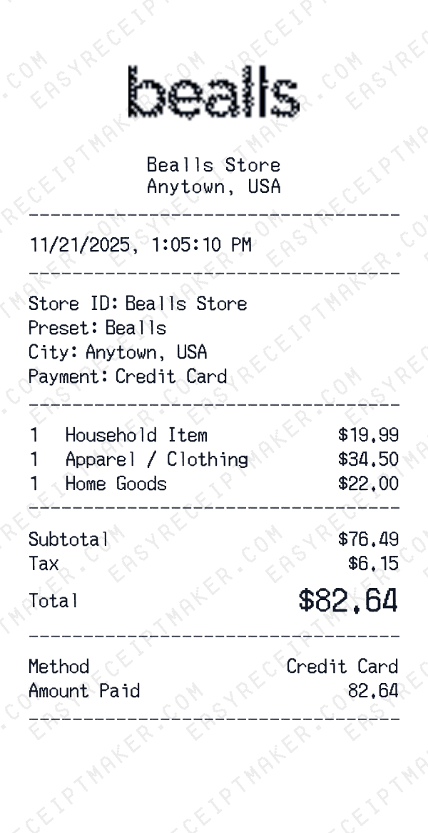 Bealls receipt preview