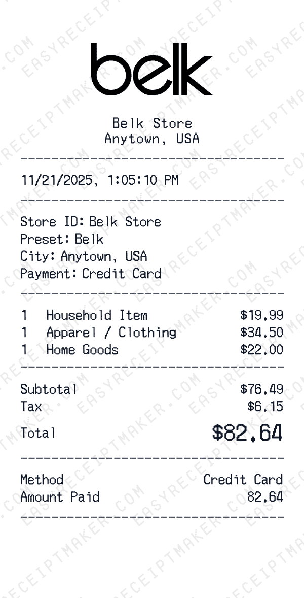 Belk receipt preview