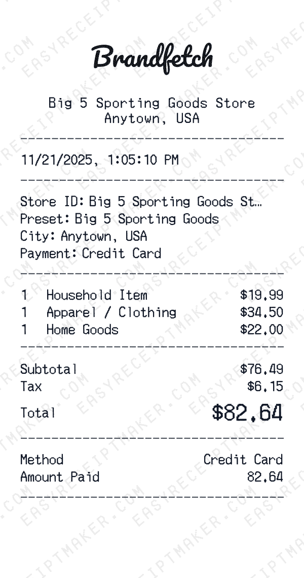 Big 5 Sporting Goods receipt preview