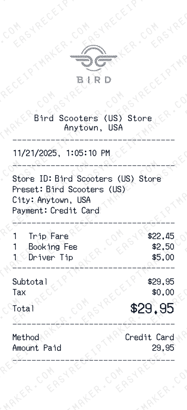 Bird Scooters (US) receipt template