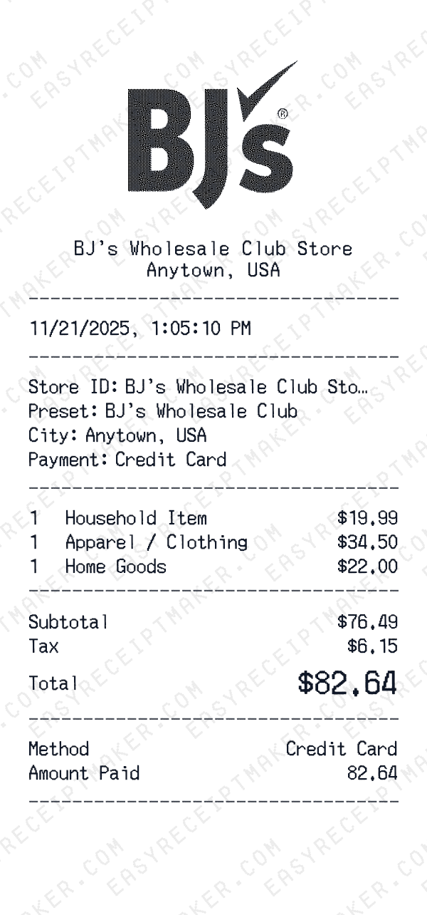 BJ's Wholesale Club receipt preview