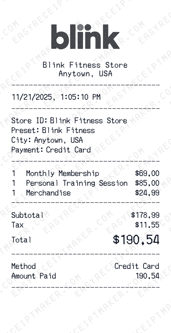 Blink Fitness receipt preview