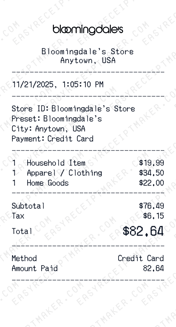 Bloomingdale's receipt preview