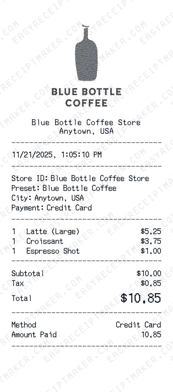 Blue Bottle Coffee receipt preview