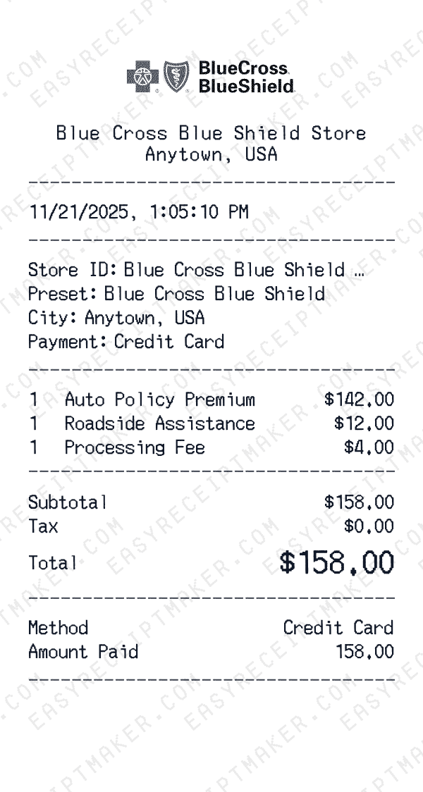 Blue Cross Blue Shield receipt preview