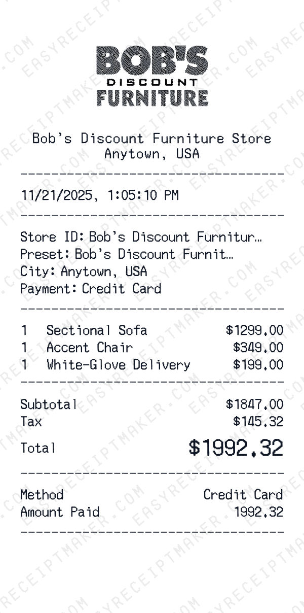 Bob's Discount Furniture receipt preview