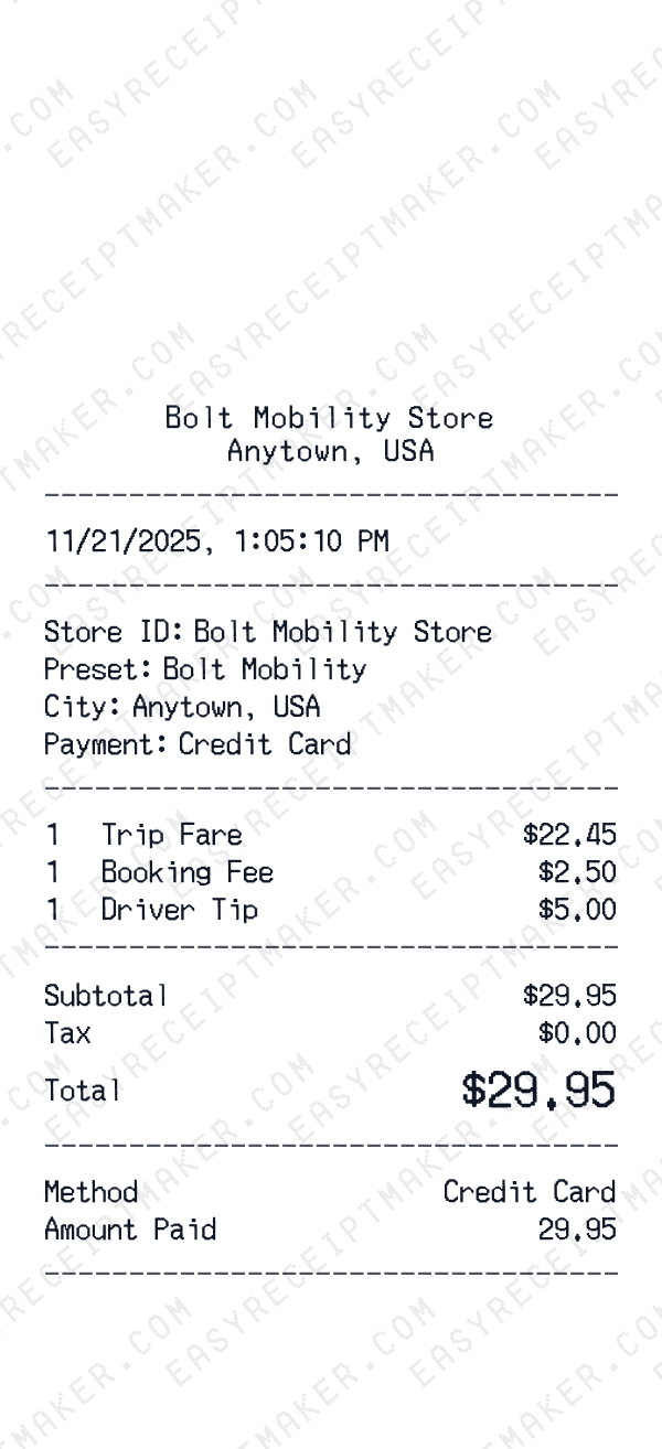 Bolt Mobility receipt template
