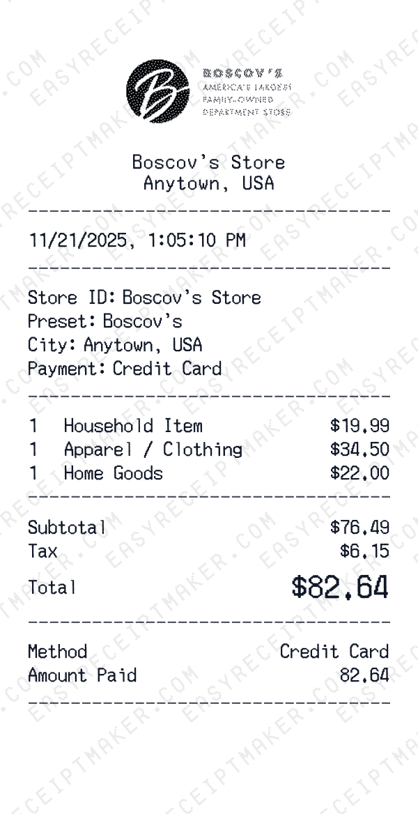 Boscov's receipt preview