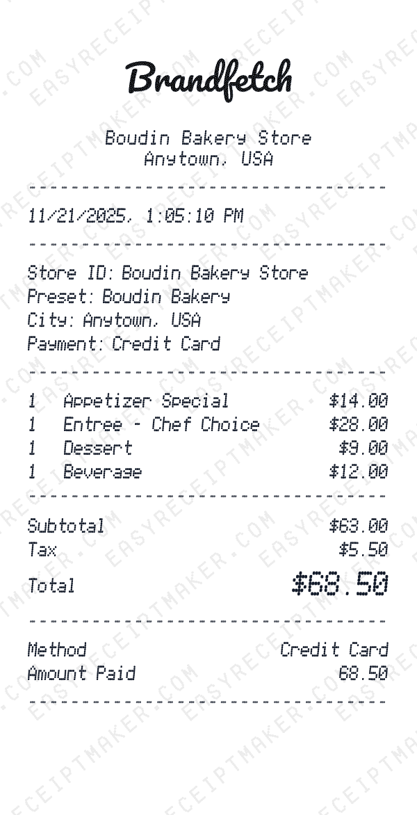 Boudin Bakery receipt preview