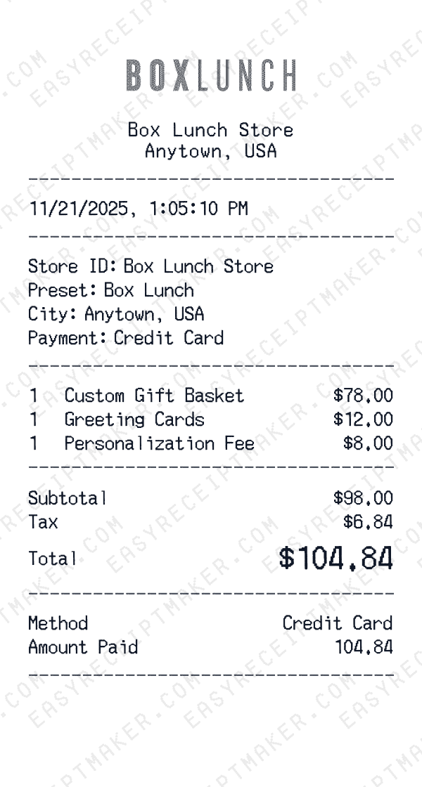 Box Lunch receipt preview