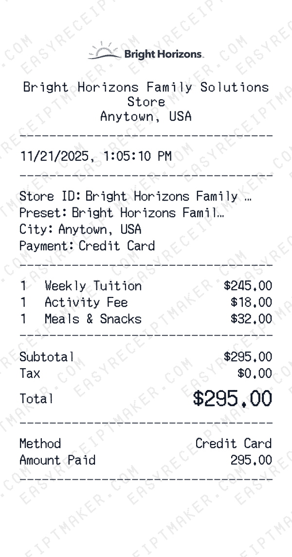 Bright Horizons Family Solutions receipt preview