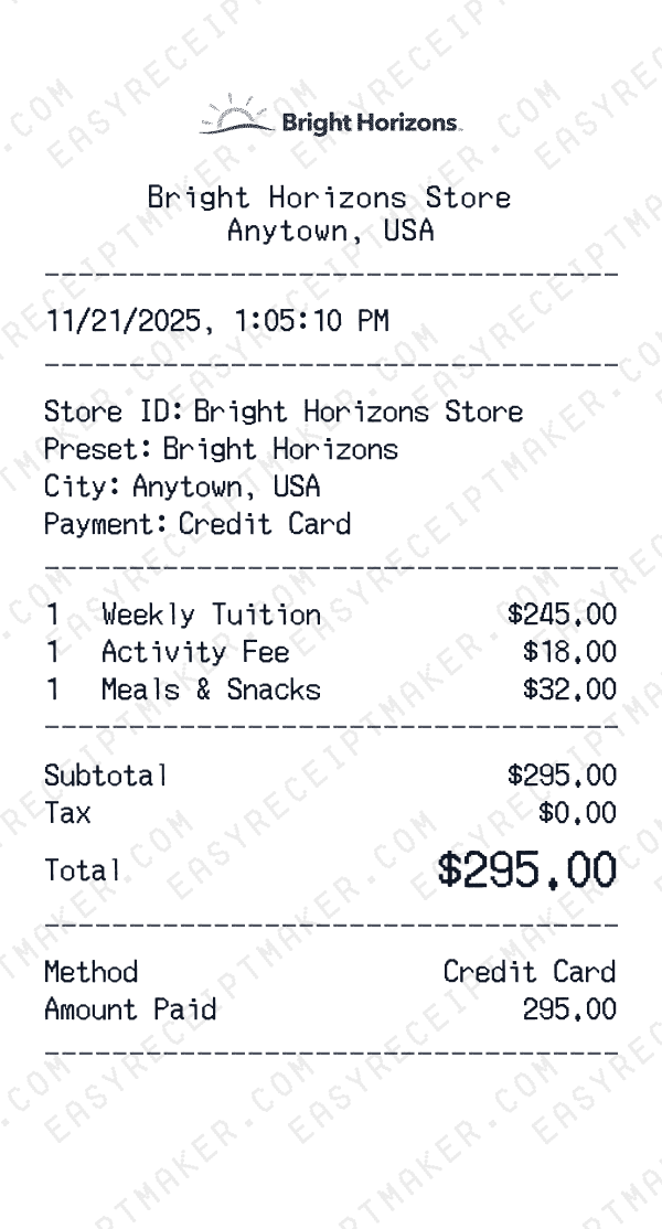 Bright Horizons receipt preview