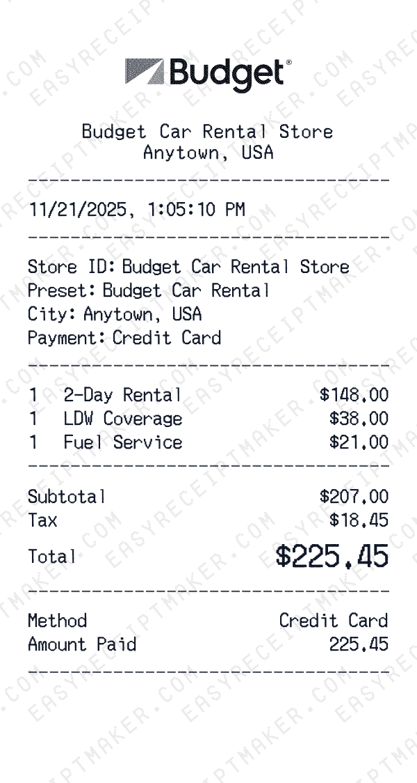 Budget Car Rental receipt preview