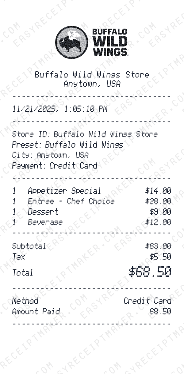 Buffalo Wild Wings receipt preview