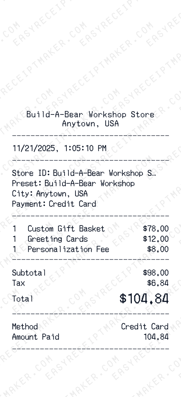 Build-A-Bear Workshop receipt preview