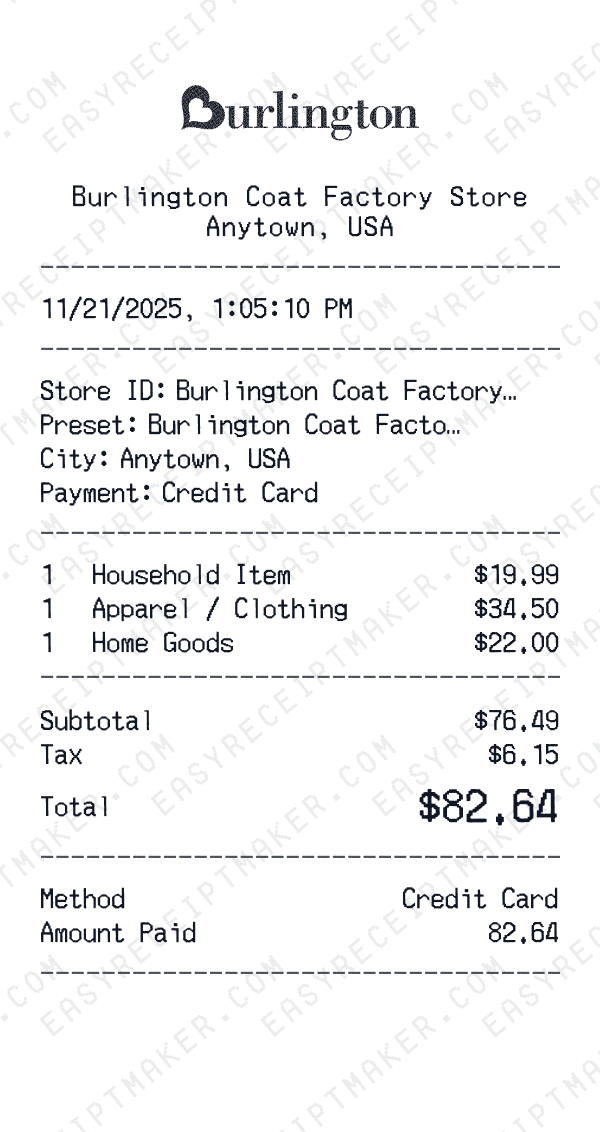 Burlington Coat Factory receipt preview