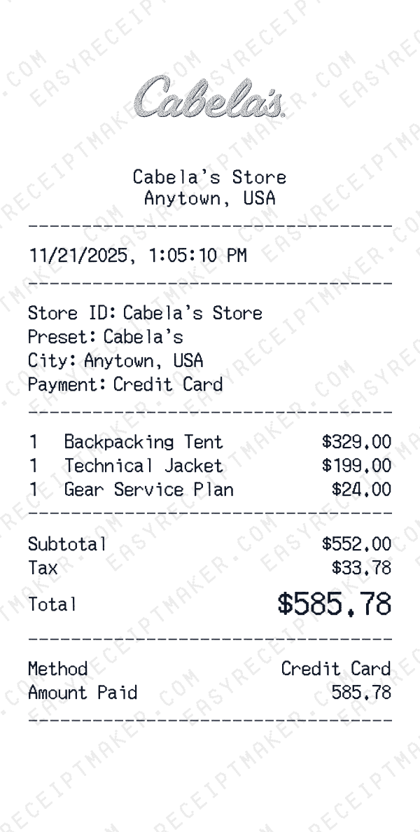 Cabela's receipt preview
