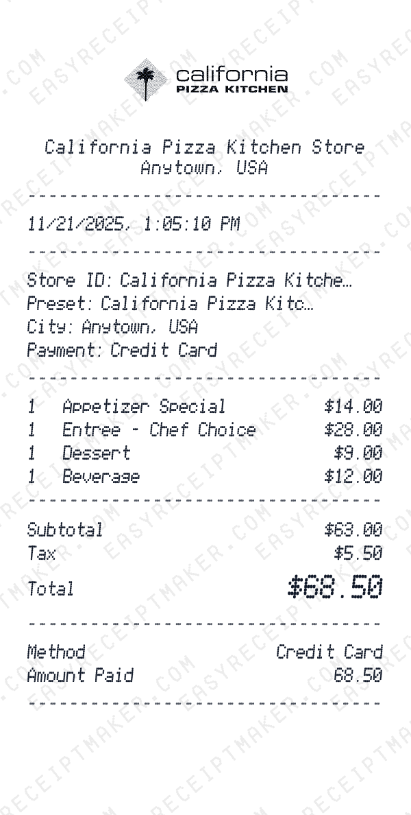 California Pizza Kitchen receipt preview