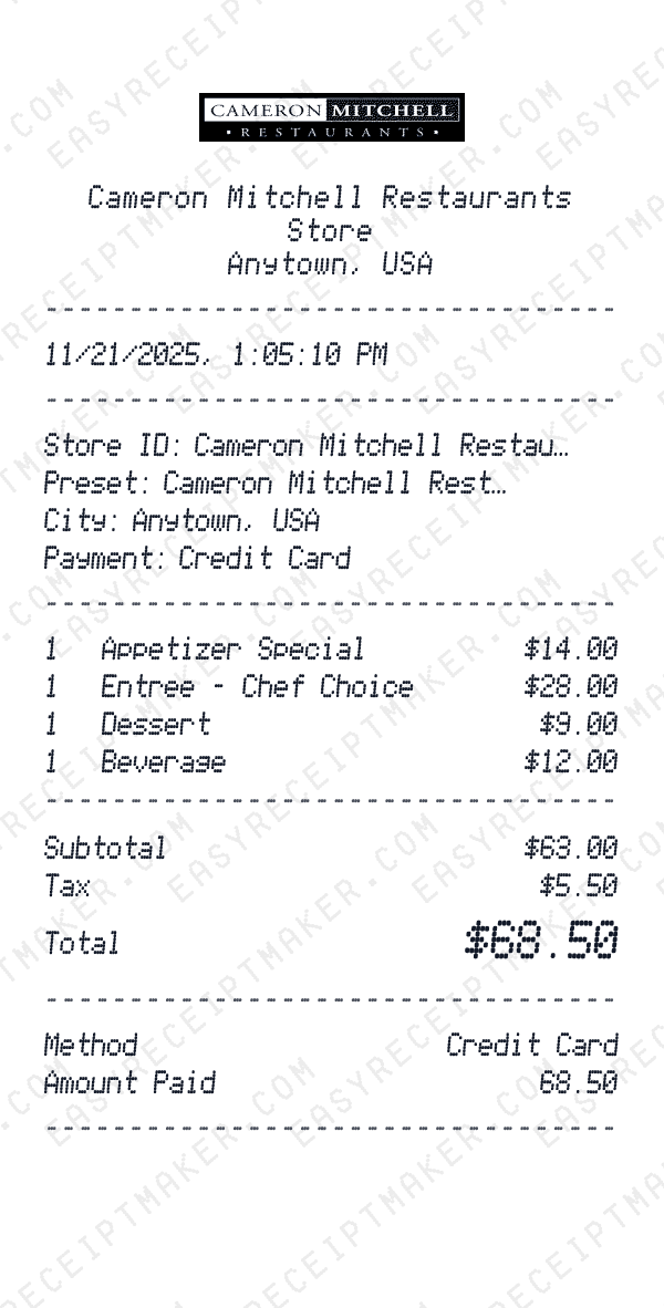 Cameron Mitchell Restaurants receipt preview