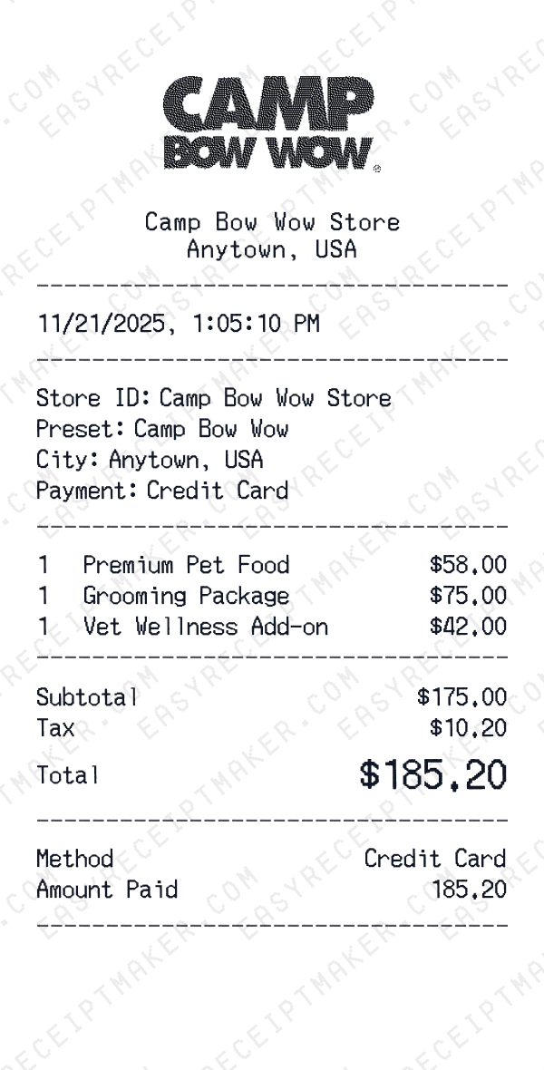 Camp Bow Wow receipt preview