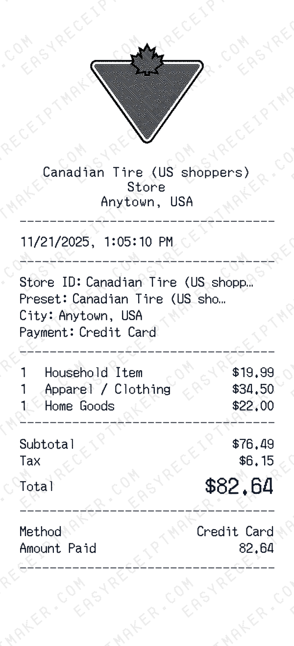Canadian Tire (US shoppers) receipt preview