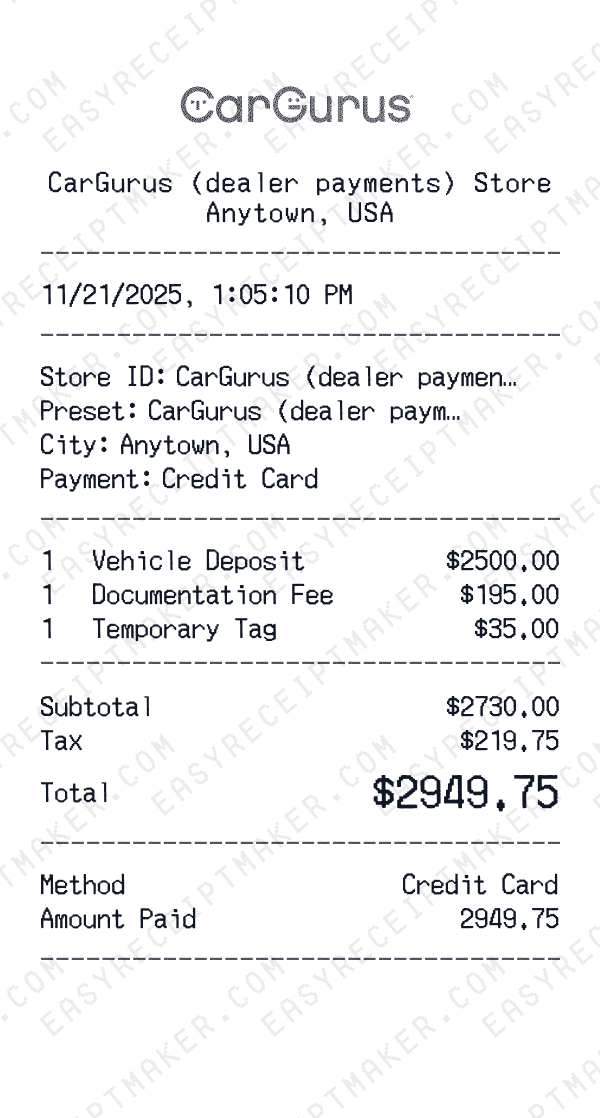 CarGurus (dealer payments) receipt template