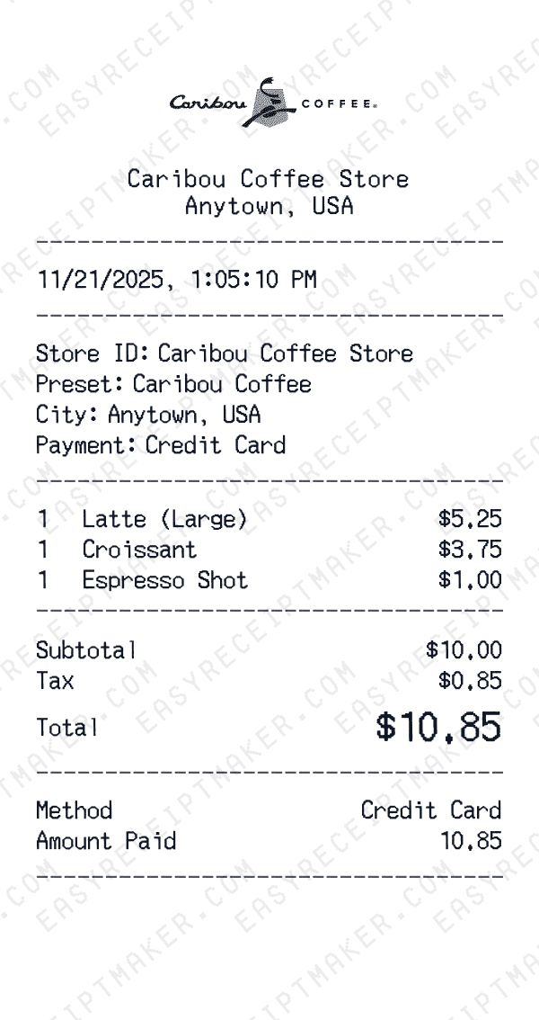 Caribou Coffee receipt preview
