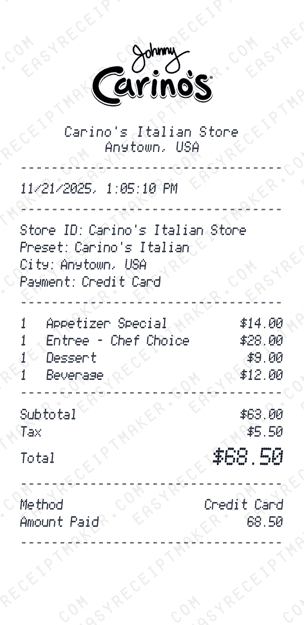 Carino's Italian receipt preview