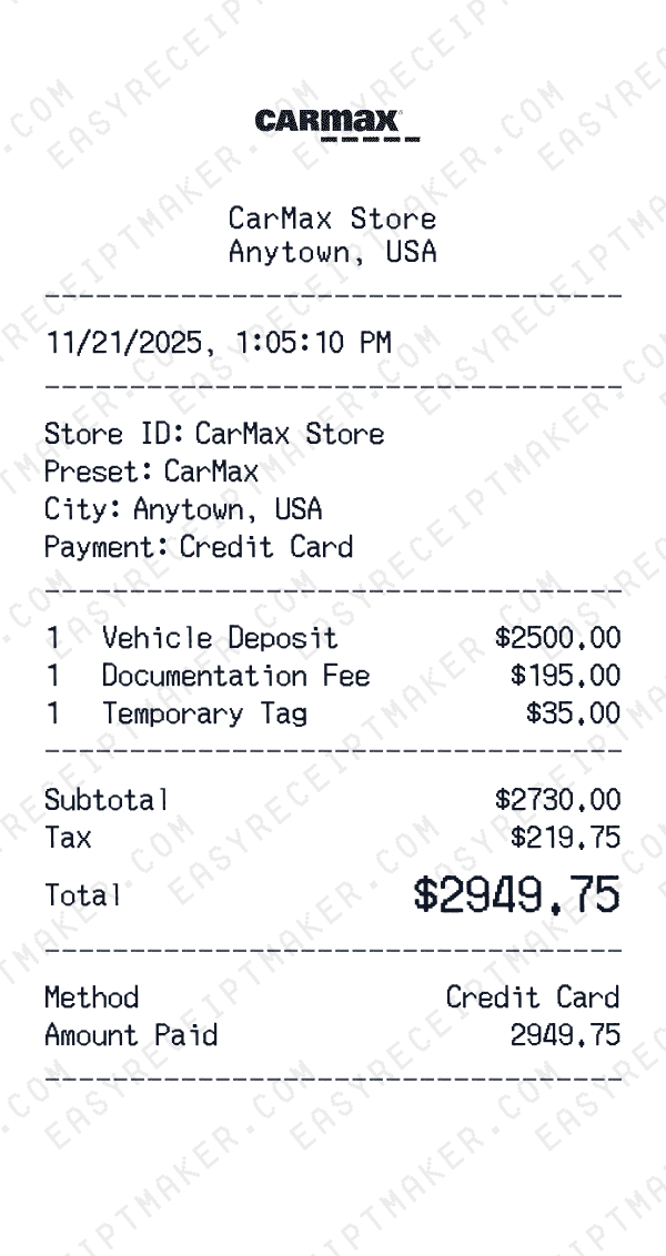 CarMax receipt template